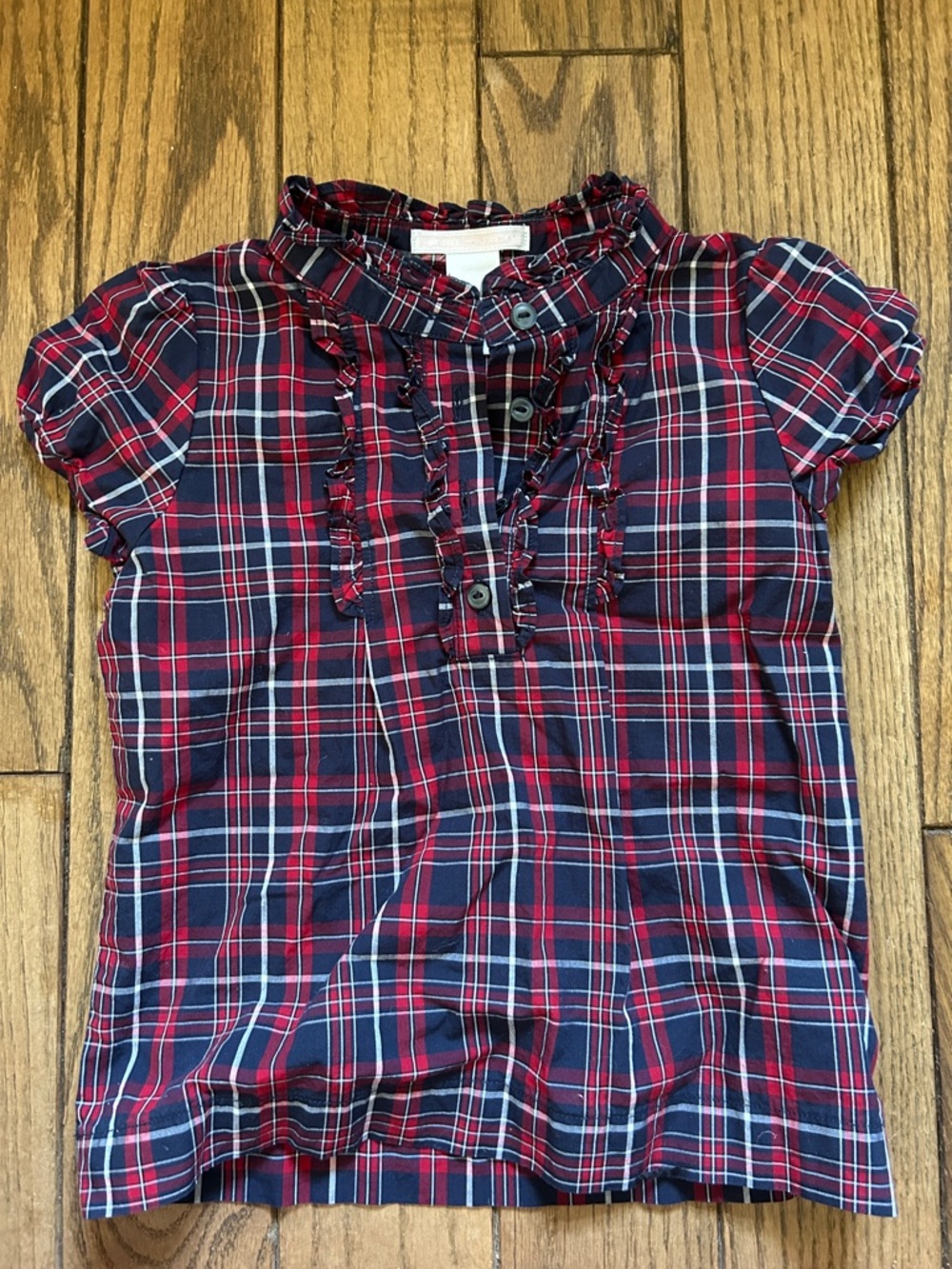 Janie and Jack Red & Navy Plaid Ruffle-Front Short Sleeve Top